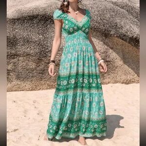 Rusty dustty Floral Boho Green Ruffle Smock Maxi Beachy Summer Dress SZ S